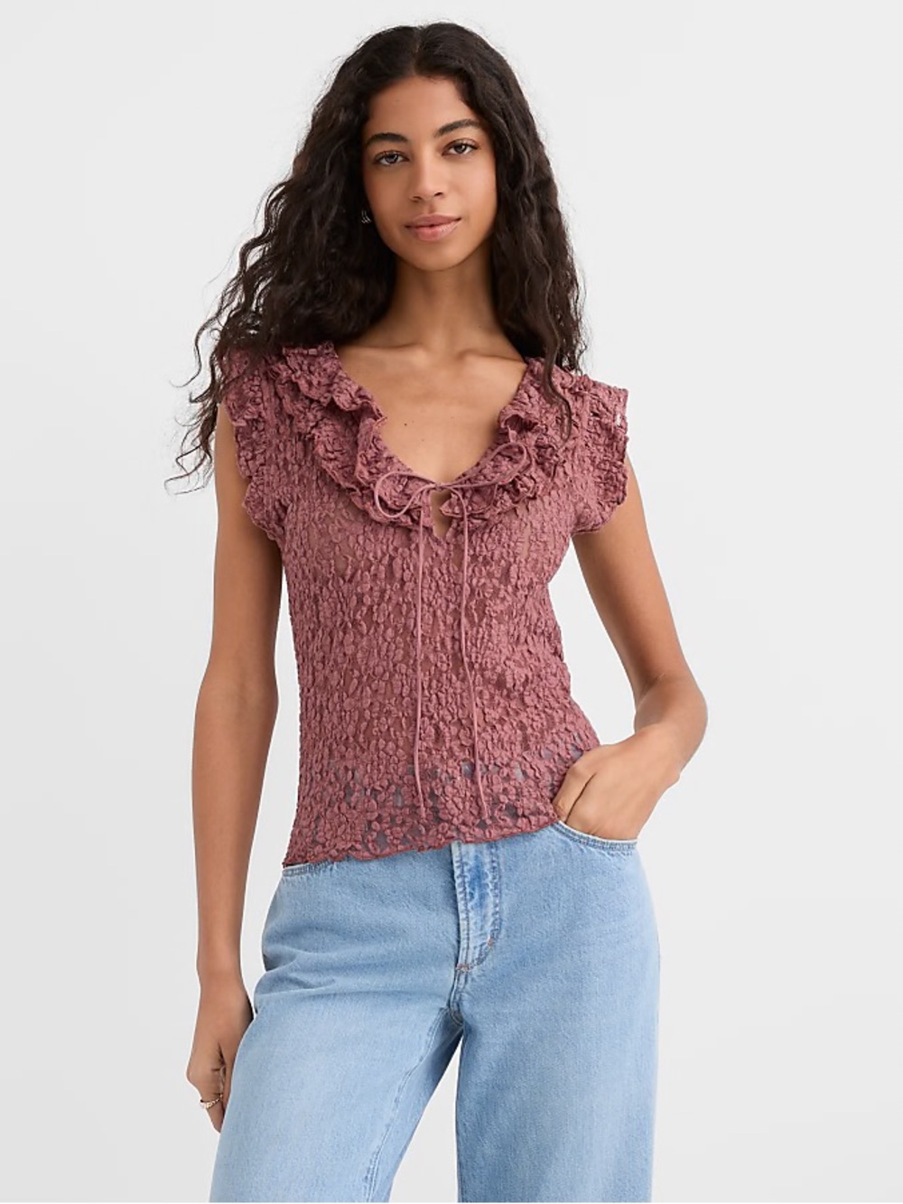 Lace Ruffle Tie Neck Top Ruffled Tie-Neck Smocked Top in Dusty Rose